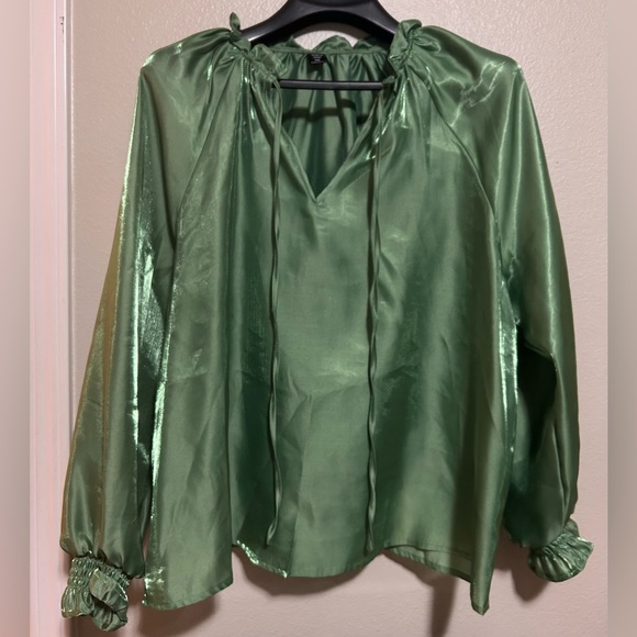 NWOT SHEIN curve Green shimmery raglan long sleeve blouse w/ tie-size 1xl - Picture 1 of 8